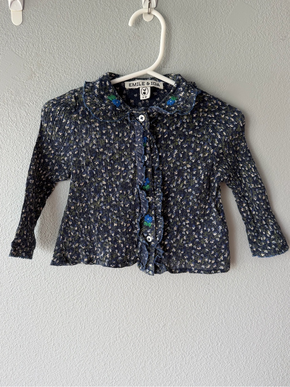 Emile Et Ida navy blue micro floral long sleeve button down blouse Infant sz 9M